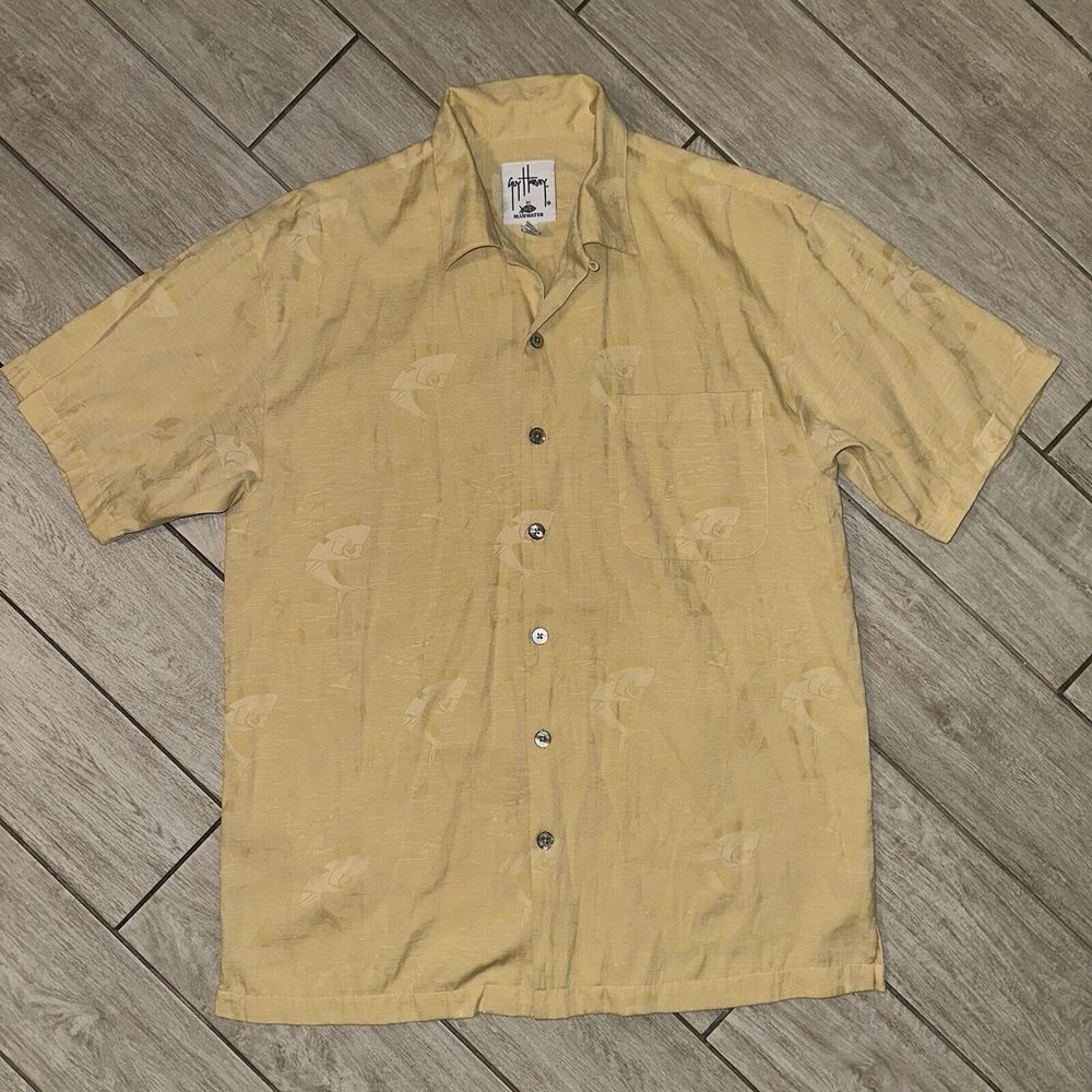 Guy Harvey Hawaiian Shirt‎ AFTCO Bluewater Fishing Yellow Large Mahi Mahi
